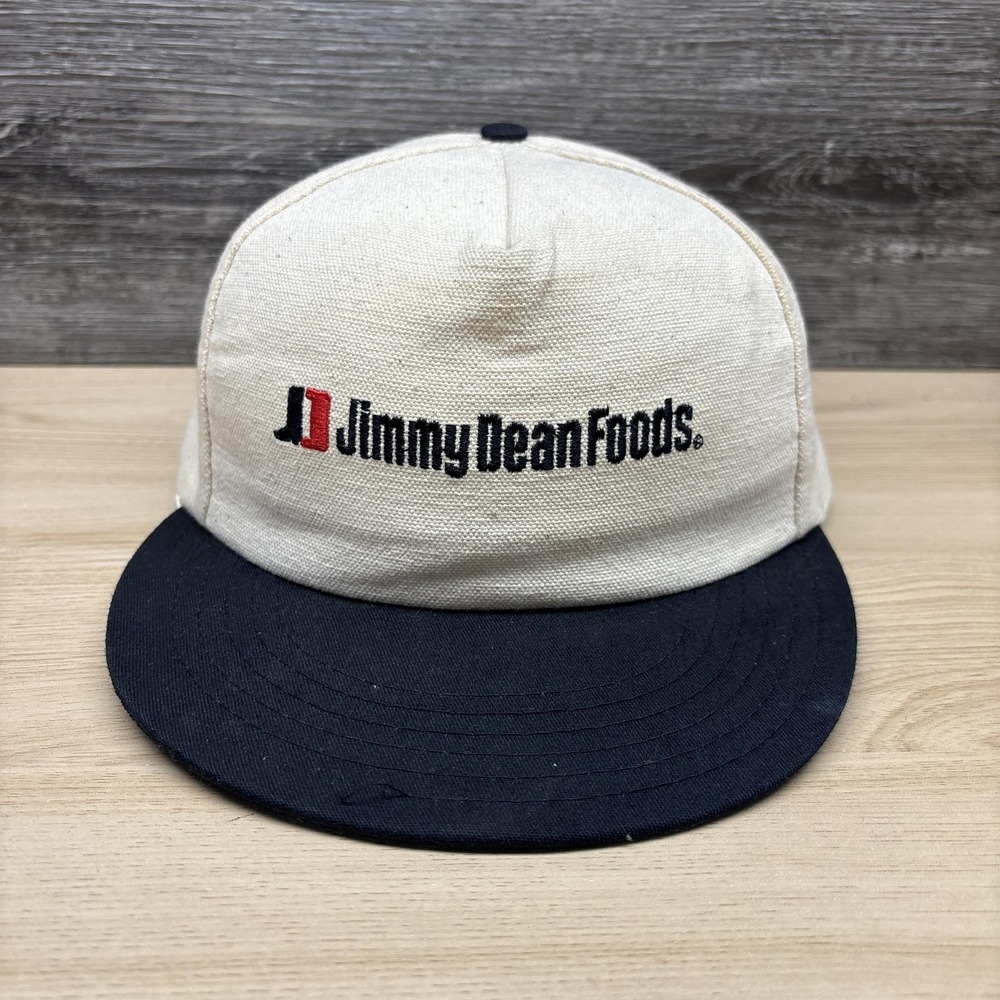 Vintage Jimmy Dean Foods Hat Cap Snap Back Mens One Size Beige Navy Baseball 90s